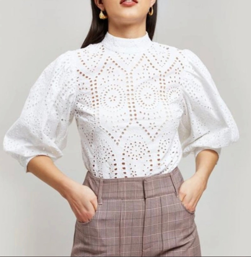 Ganni White Cotton Broderie Anglaise Eyelet Puff Sleeve Blouse Top Size 38